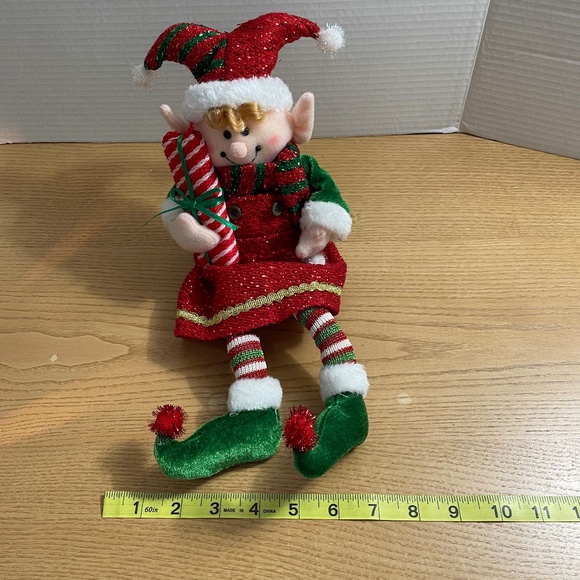 Christmas Elf Mantle Shelf Sitter Posable Legs Sequined Sparkle Adorable Face - Picture 8 of 9